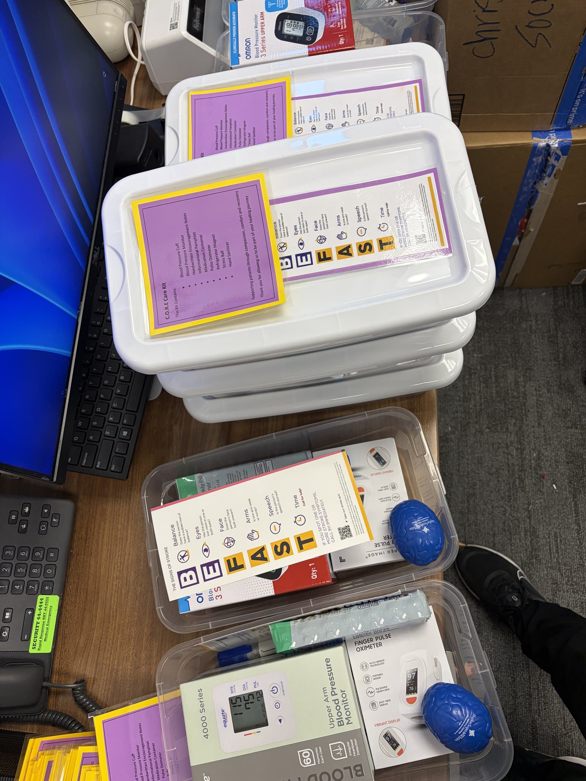 CORE recovery kits packed and staged for delivery